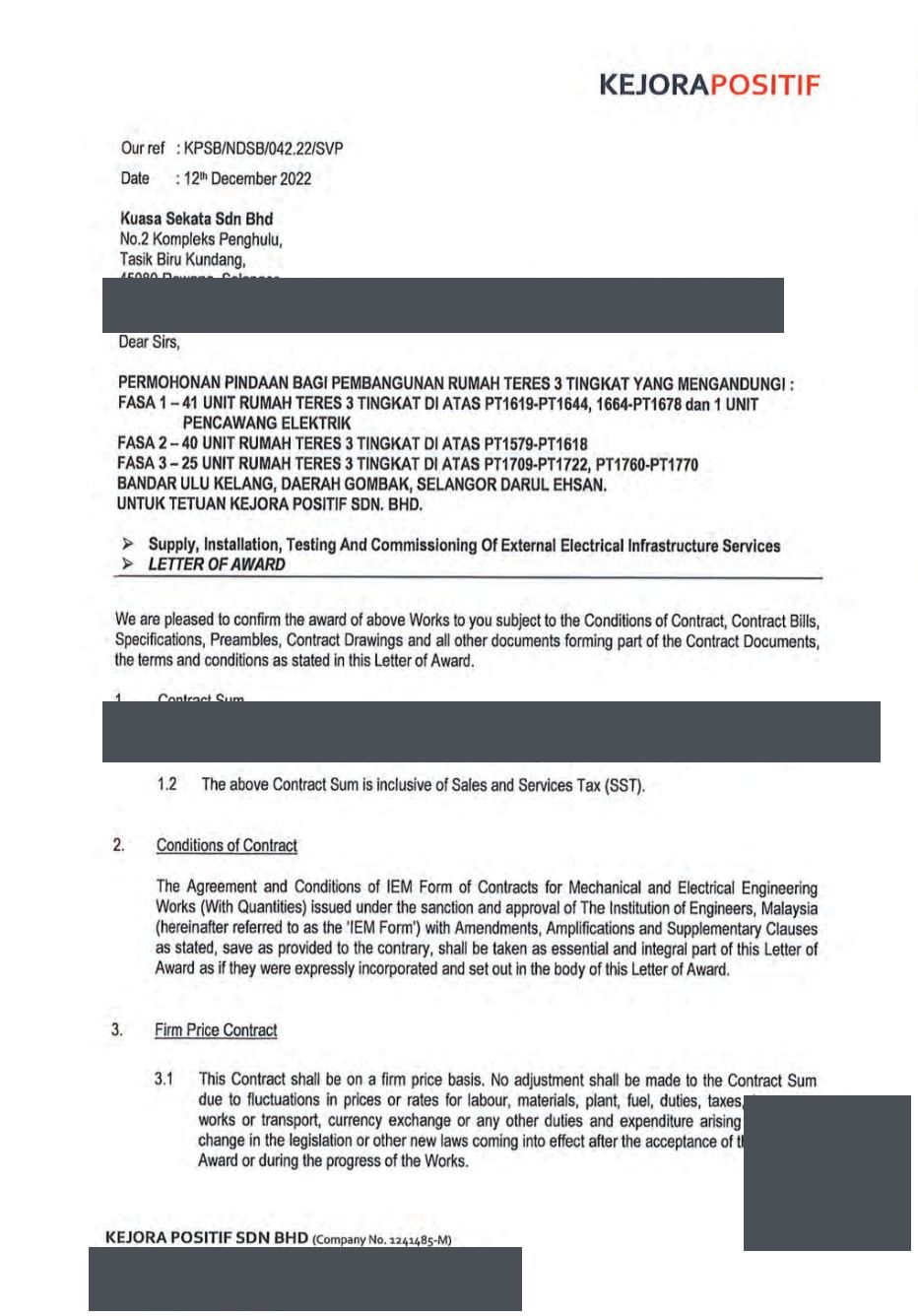 Redacted award document from Kejora Positif