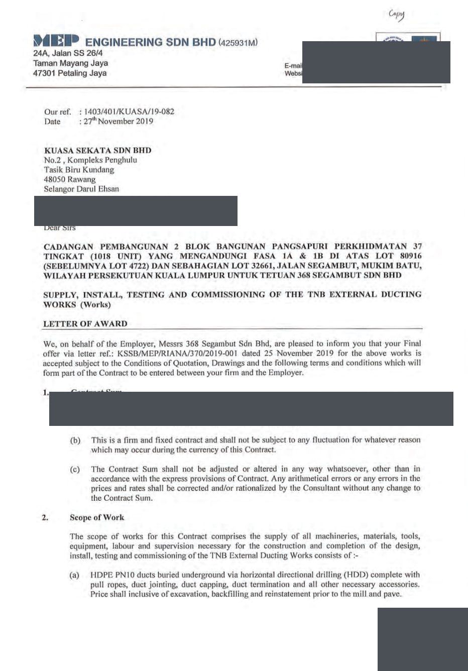 Redacted award document from MEP Engineering Sdn. Bhd.