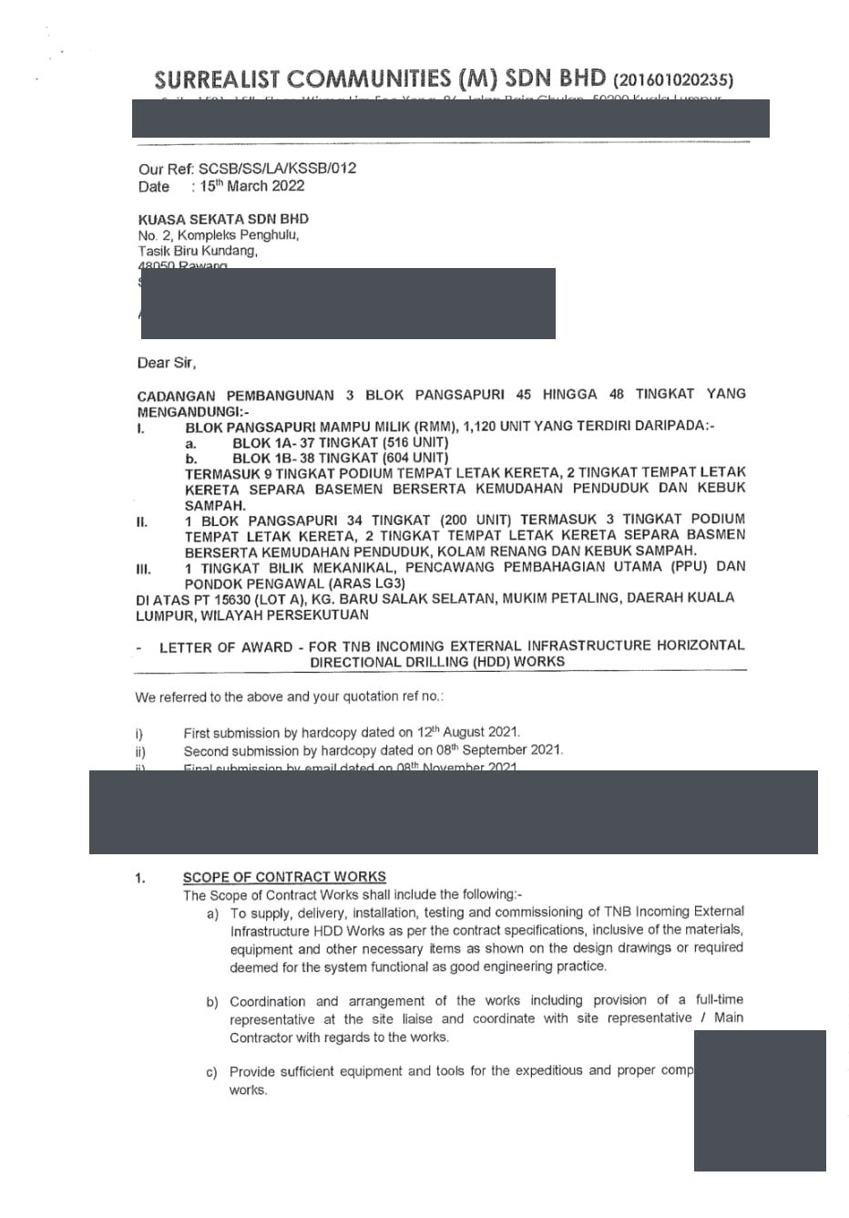 Redacted award document from Surrealist Communities (M) Sdn. Bhd.